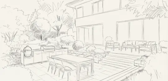 Erste Skizze Visualisierung Outdoormöbel im Kundenumfeld.