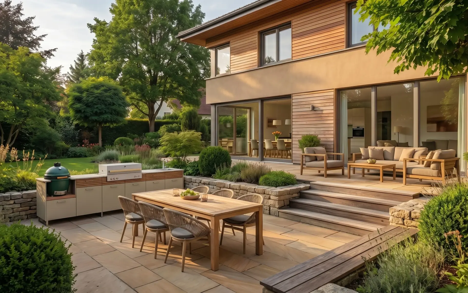 Visualisierung mit Außenküche, Außenmöbel und Lounge