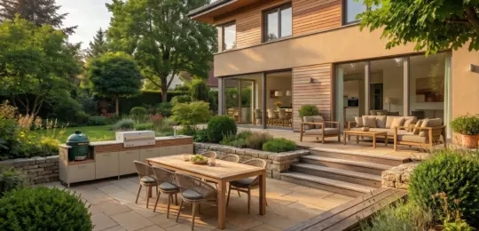 Visualisierung mit Außenküche, Außenmöbel und Lounge