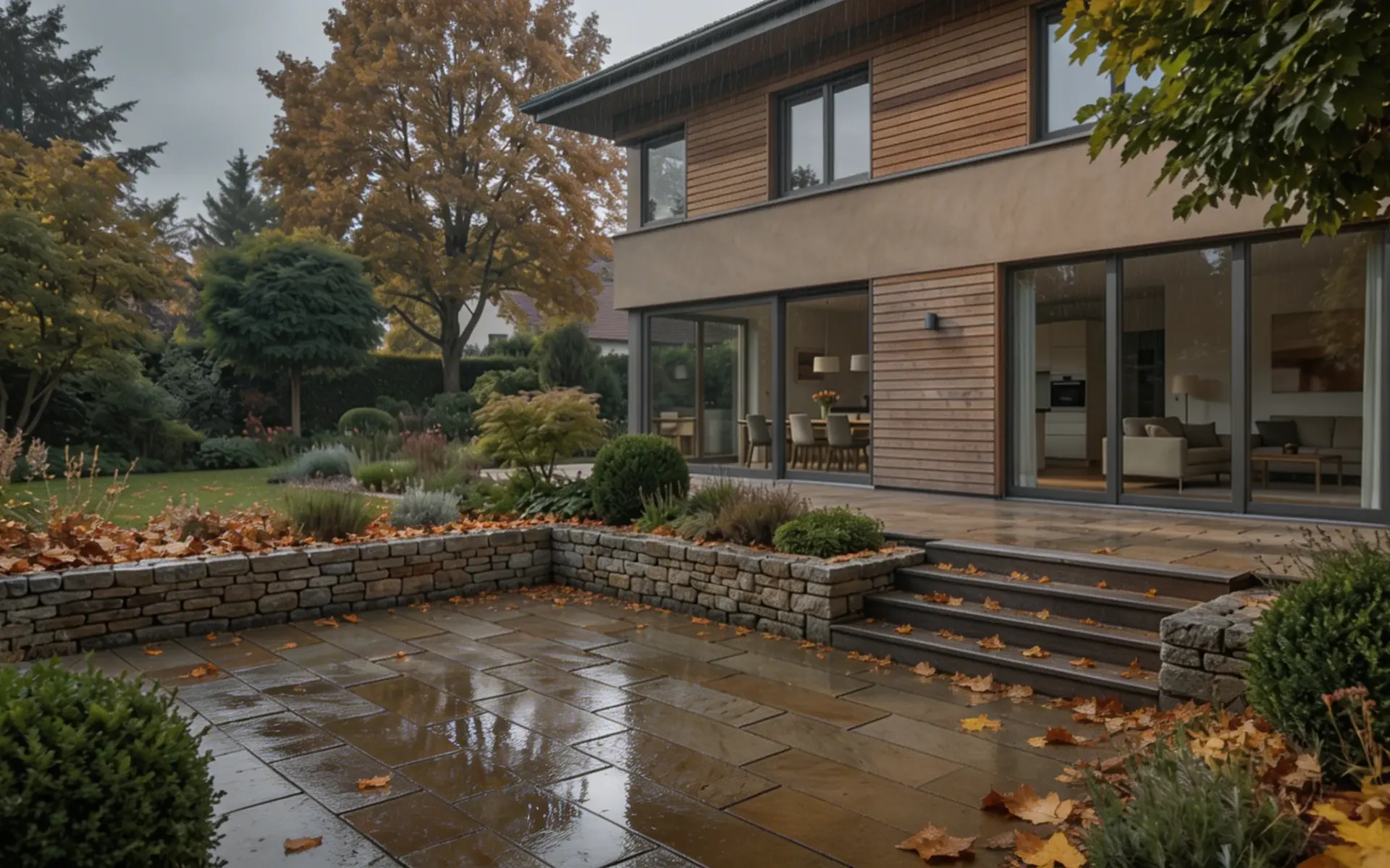 Außenbereich ohne Visualisierung von Außenküche, Außenmöbel und Lounge beim Kunden.